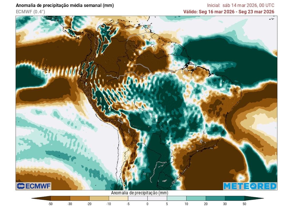 Previsão de anomalias de chuva entre os dias 16 e 23 de março sobre o Brasil (modelo ECMWF)