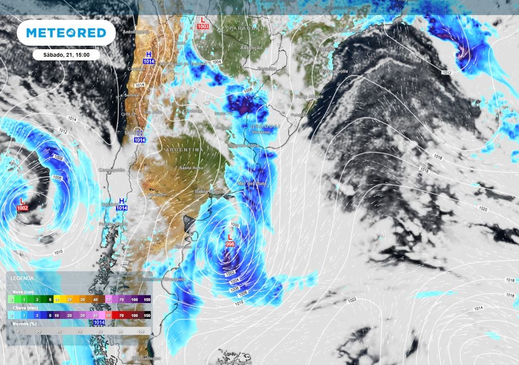 Previsão de pressão, ventos, nebulosidade e chuva no sábado mostra um ciclone e sua frente fria, que deve atuar sobre a região Sul já no final do dia, fazendo o outono se iniciar com chuva.
