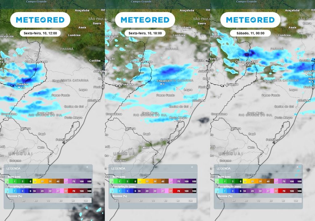 Previsão de nebulosidade e chuva às 12h, 18h e 24h da próxima sexta-feira mostram o início da formação de um sistema ocasionando chuvas sobre os três estados da região Sul.