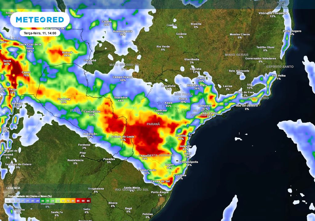 Previsão de probabilidade de chuva nesta terça-feira durante a tarde. Previsão de probabilidade de chuva nesta terça-feira durante a tarde.