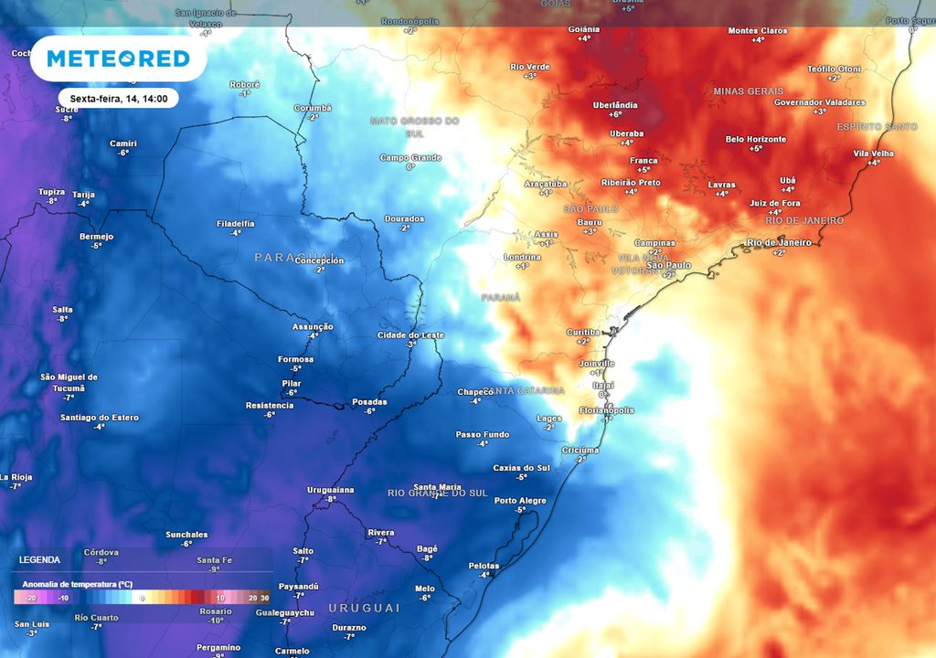 Previsão de anomalia de temperaturas em 850 hPa na sexta-feira durante a tarde. Previsão de anomalia de temperaturas em 850 hPa na sexta-feira durante a tarde.