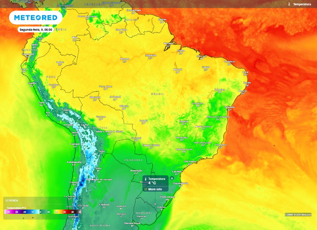 Temperaturas na Região Sul ficam abaixo de 5°C na manhã de segunda-feira (9).