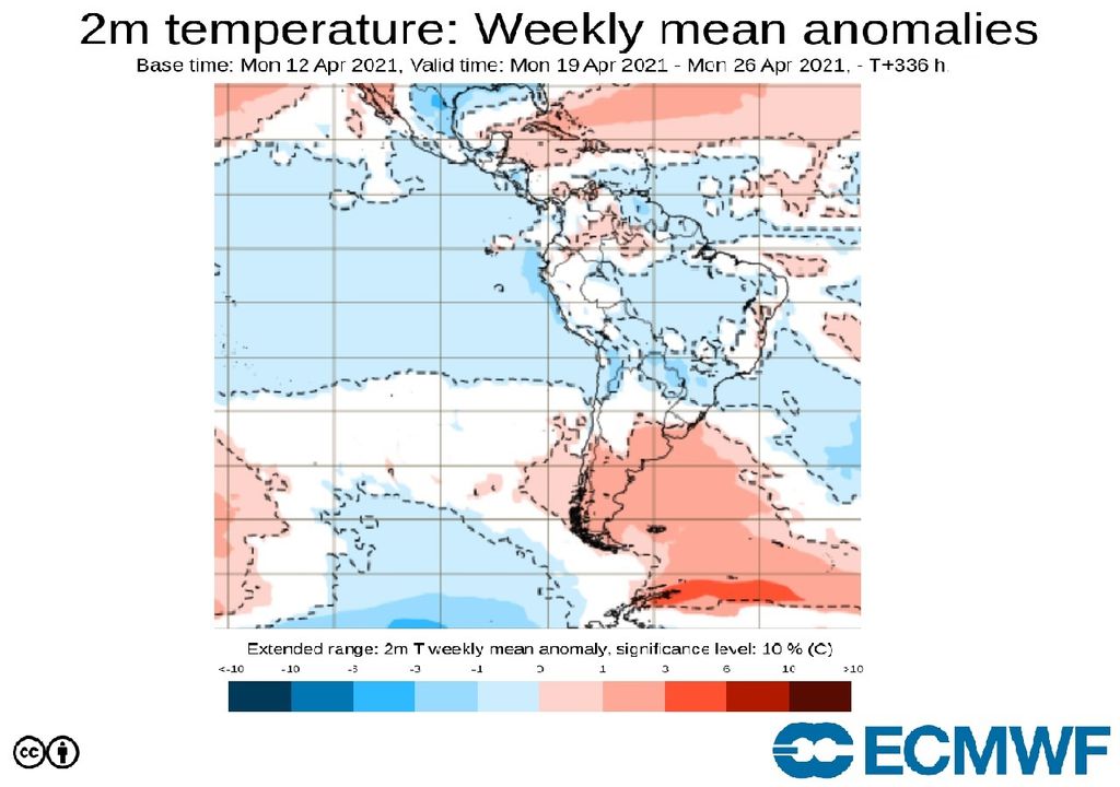 Anomalía semanal de temperatura 2 m ECMWF