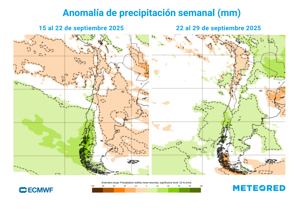 Contraste de lluvias en septiembre: anomalías positivas en el centro-sur y déficit en zonas del extremo sur.