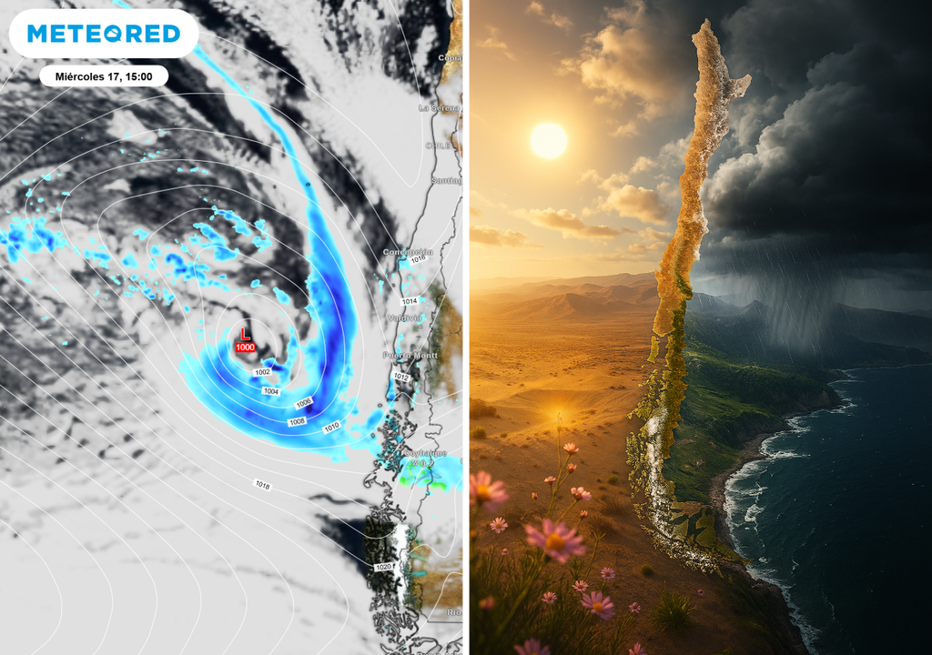 Mientras una baja presión se aproxima con lluvias desde el Pacífico (izquierda), la segunda quincena de septiembre en Chile muestra un fuerte contraste climático entre calor en el norte y lluvias en el sur (derecha), justo en la antesala del equinoccio primaveral.