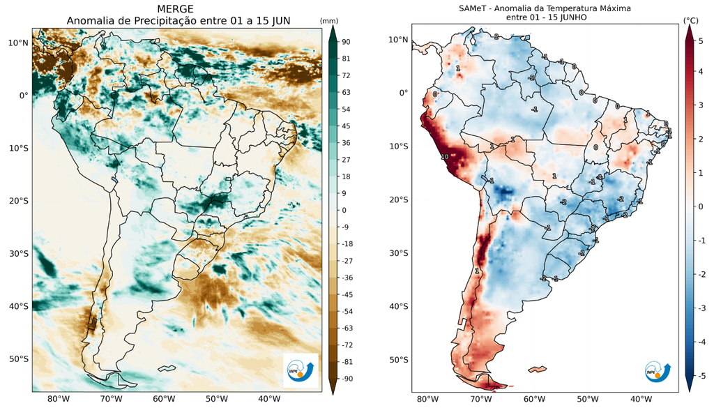 Anomalia de precipitação (mm, à esquerda) e de temperatura máxima (°C, à direita) entre 1 e 15 de junho de 2026. Créditos: CPTEC/INPE. Anomalia de precipitação (mm, à esquerda) e de temperatura máxima (°C, à direita) entre 1 e 15 de junho de 2026. Créditos: CPTEC/INPE.