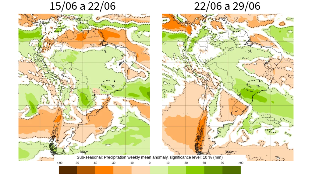 Previsão de anomalia de temperatura na segunda quinzena de junho, segundo o ECMWF. Créditos: Elaborado por Meteored/Fonte: ECMWF. Previsão de anomalia de chuva na segunda quinzena de junho, segundo o ECMWF. Créditos: Elaborado por Meteored/Fonte: ECMWF.