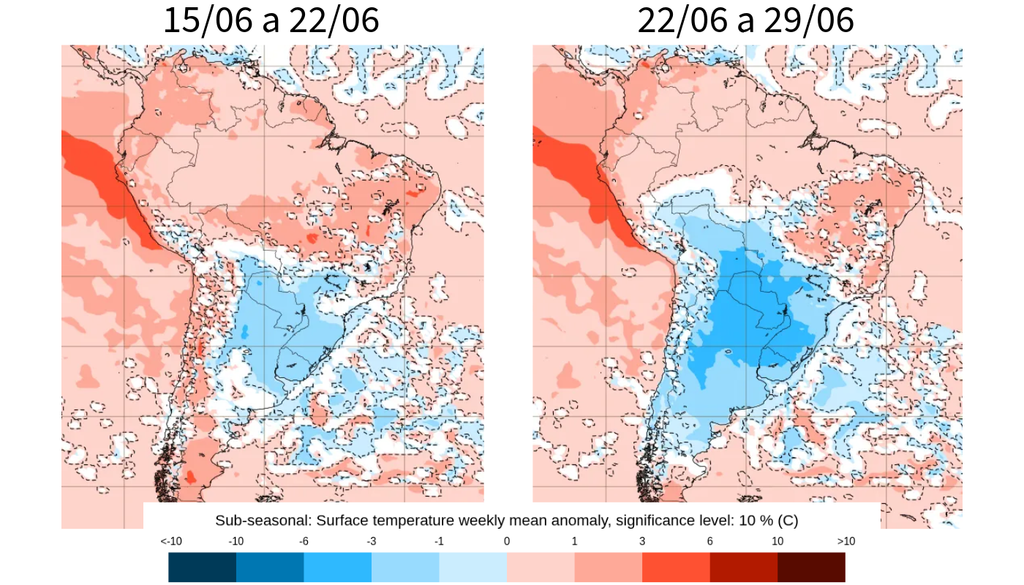 Previsão de anomalia de temperatura na segunda quinzena de junho, segundo o ECMWF. Créditos: Elaborado por Meteored/Fonte: ECMWF. Previsão de anomalia de temperatura na segunda quinzena de junho, segundo o ECMWF. Créditos: Elaborado por Meteored/Fonte: ECMWF.