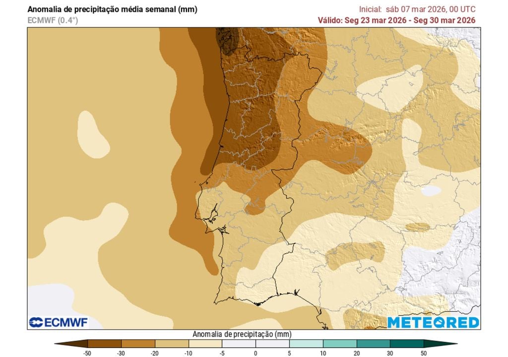 Tanto a próxima semana como a última deste mês (aqui representada), apresentam valores de anomalia de precipitação abaixo da média.