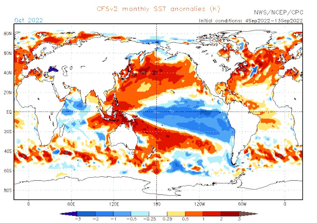 Mapa de previsão de anomalia da temperatura da superfície dos oceanos para o mês de setembro.