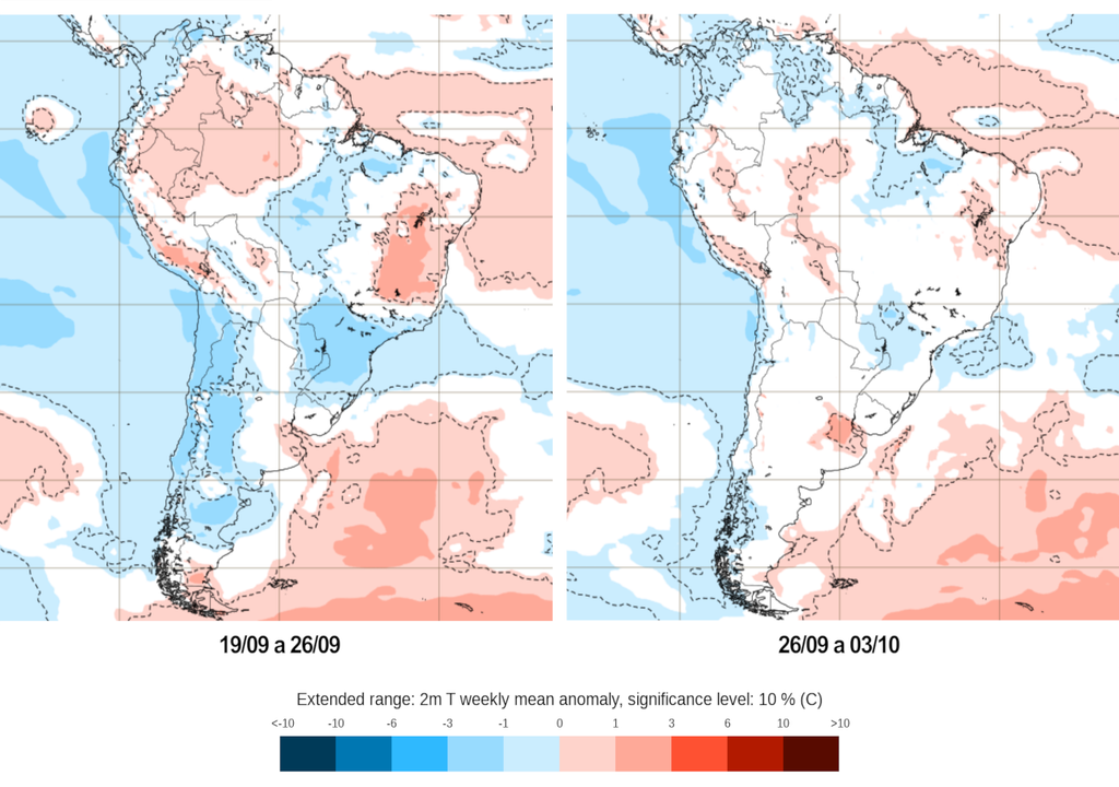 Mapas de previsão semanal de anomalia de temperatura do modelo ECMWF.