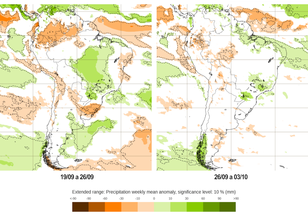 Mapas de previsão semanal de anomalia de precipitação do modelo ECMWF.