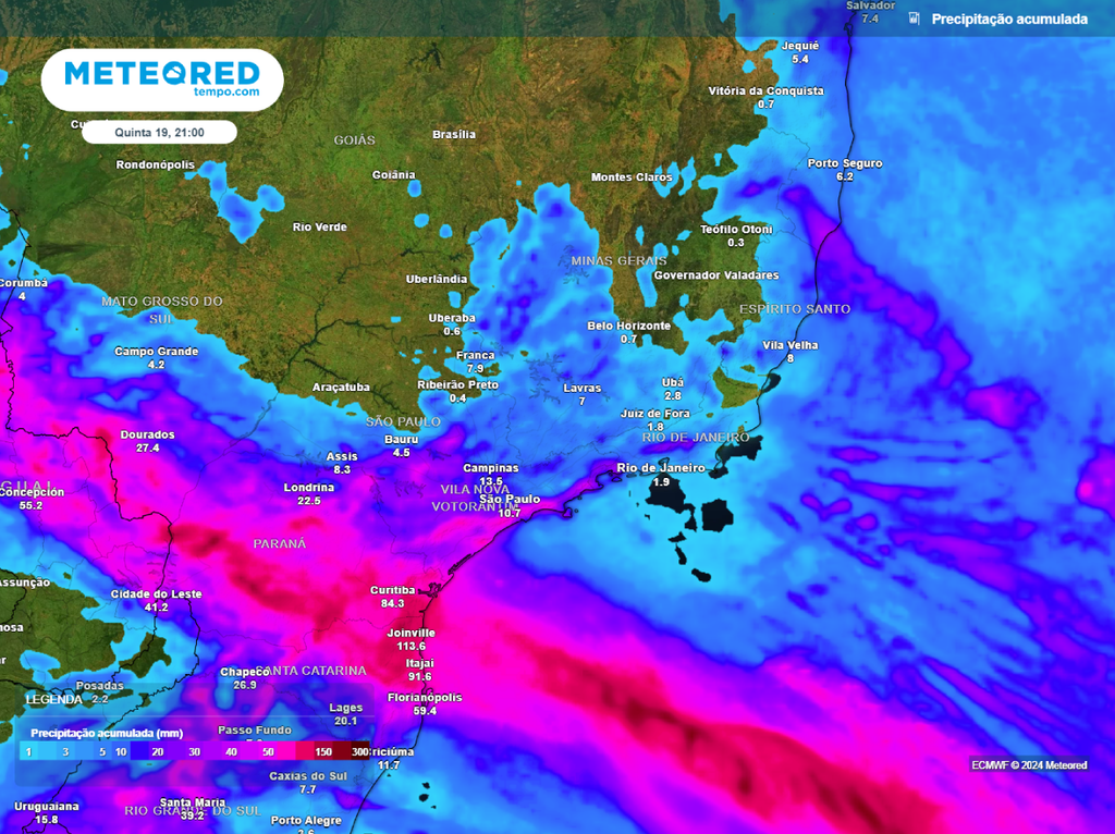 previsão, chuva acumulada, região Sudeste