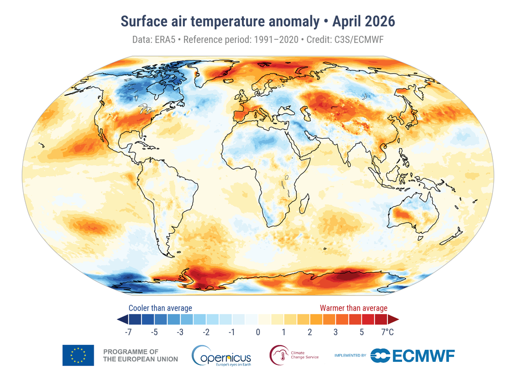 Anomalía de la temperatura del aire en superficie en abril de 2026 con respecto a la media de abril para el periodo 1991-2020.Fuente de datos: ERA5. Crédito: C3S/CEPMPM.