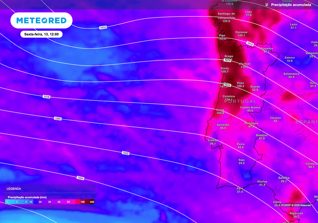 A precipitação acumulada ao longo da semana poderá ser significativa em vários pontos do litoral e do interior Norte e Centro, refletindo a persistência de períodos chuvosos associados à circulação atlântica.