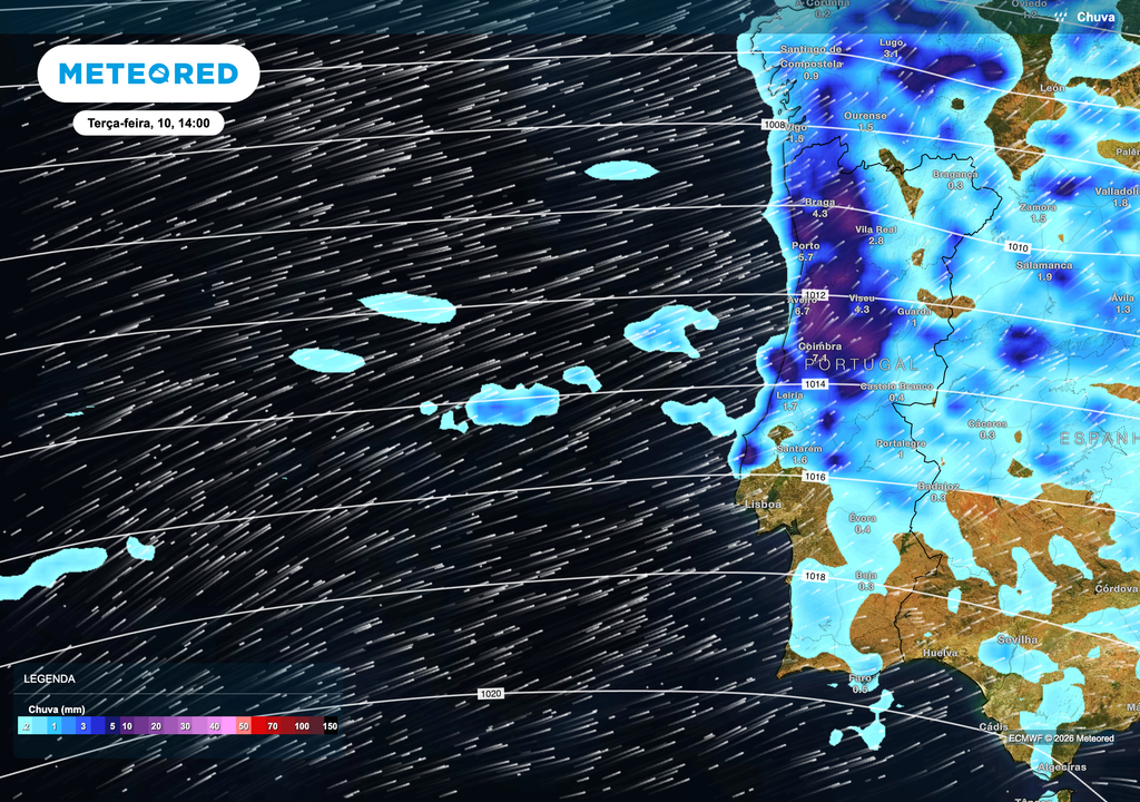 Distribuição da precipitação prevista para a tarde de terça-feira, dia 10 de fevereiro, ilustrando um dos períodos mais ativos da semana.