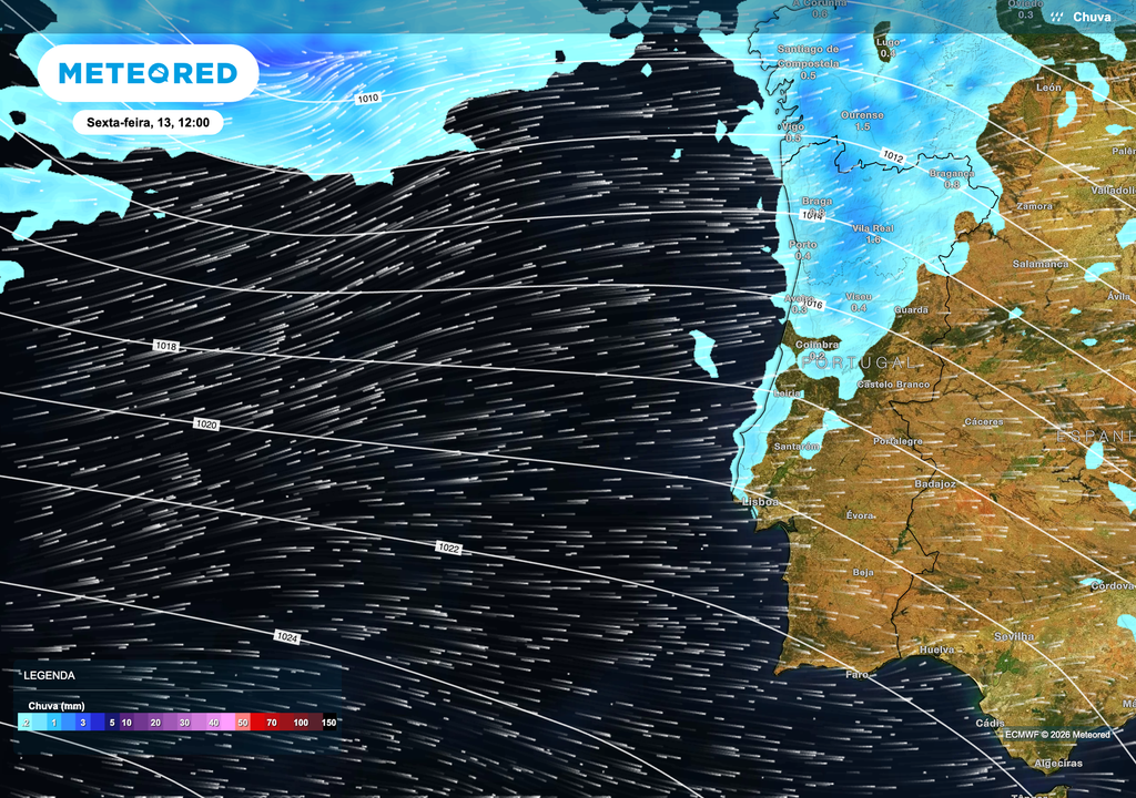 Chuva prevista para sexta-feira, 13 de fevereiro, às 12h00, com precipitação mais frequente no litoral e em áreas do Norte e Centro de Portugal continental.