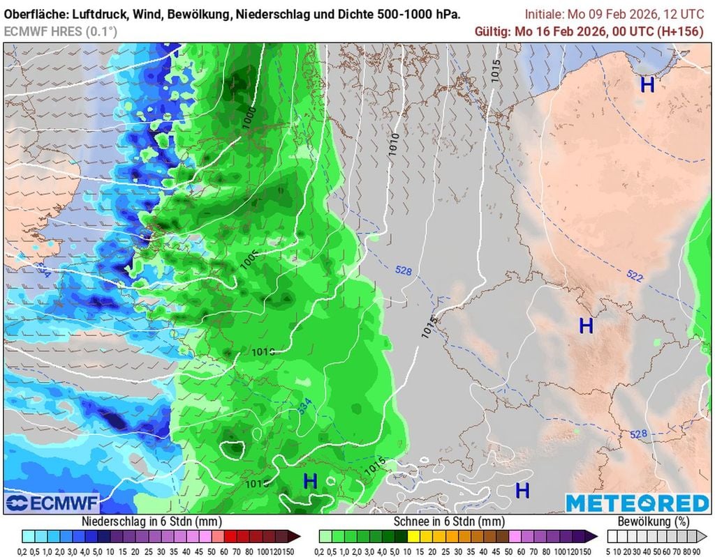 Am Rosenmontag zieht eine mächtige Schneefront aus Westen über Deutschland hinweg.