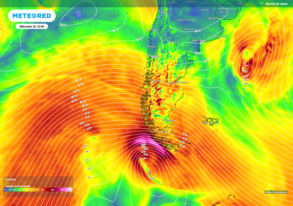 El fuerte gradiente de presión que se producirá sobre la zona austral de Chile se traducirá en fuertes vientos, con el paso de los sistemas de baja presión.