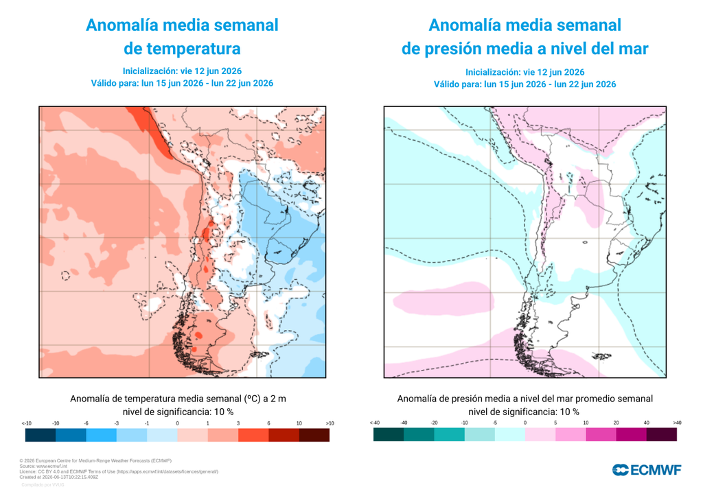anomalía de temperatura y presión prevista Las temperaturas se presentarán por sobre el promedio gran parte de la próxima semana a lo largo de Chile.