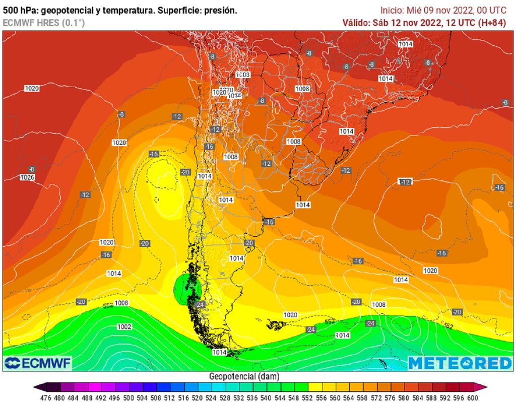 Altura geopotencial, temperatura 500 hPa y presión prevista; modelo ECMWF