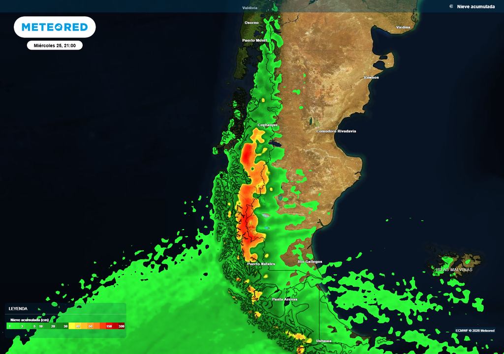 Se esperan altos volúmenes de nieve en la Patagonia en la primera mitad de esta semana.