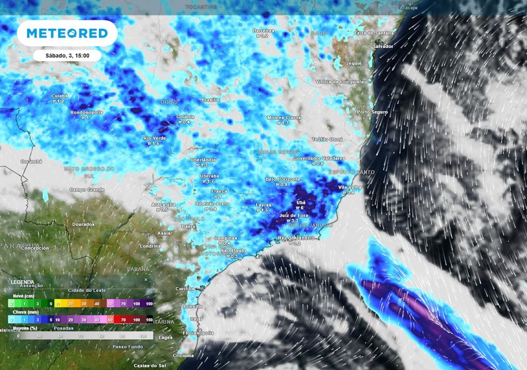 Previsão de nebulosidade, ventos e chuva no sábado durante a tarde.