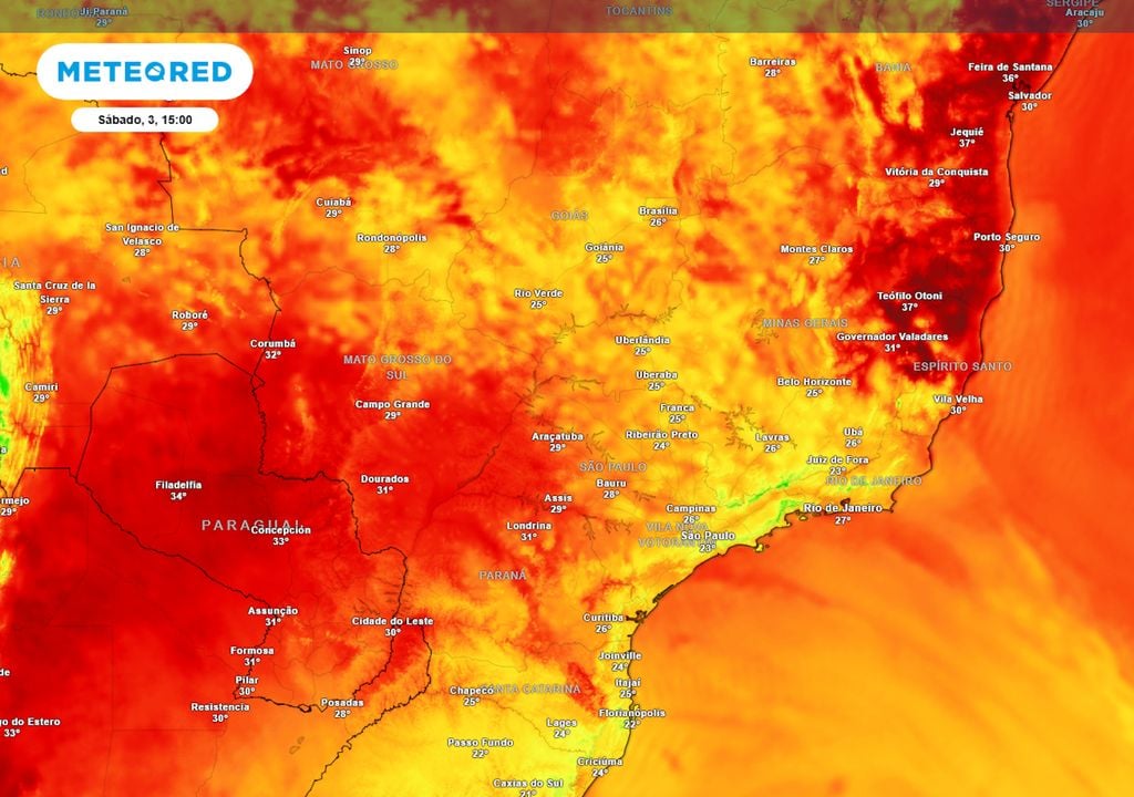 Previsão de temperaturas máximas no sábado.