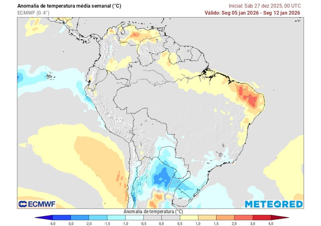 Previsão de anomalias de temperaturas entre os dias 5 e 12 de Janeiro de 2026.