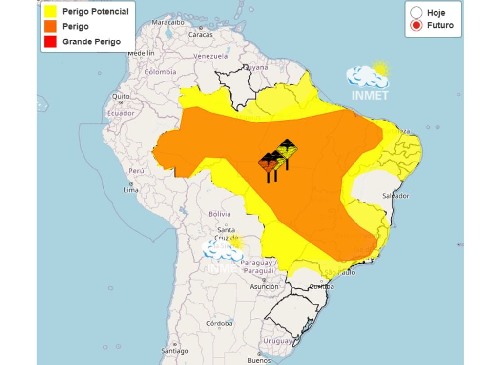 Mapa de alertas do INMET para esta quinta-feira (19). Áreas em laranja representam perigo e em amarelo perigo potencial de chuvas intensas.