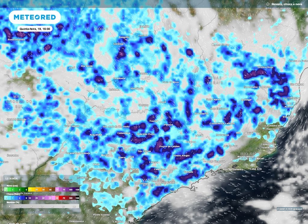 Mapa de precipitação e nebulosidade prevista para a tarde desta quinta-feira (19) sobre o Sudeste do Brasil.