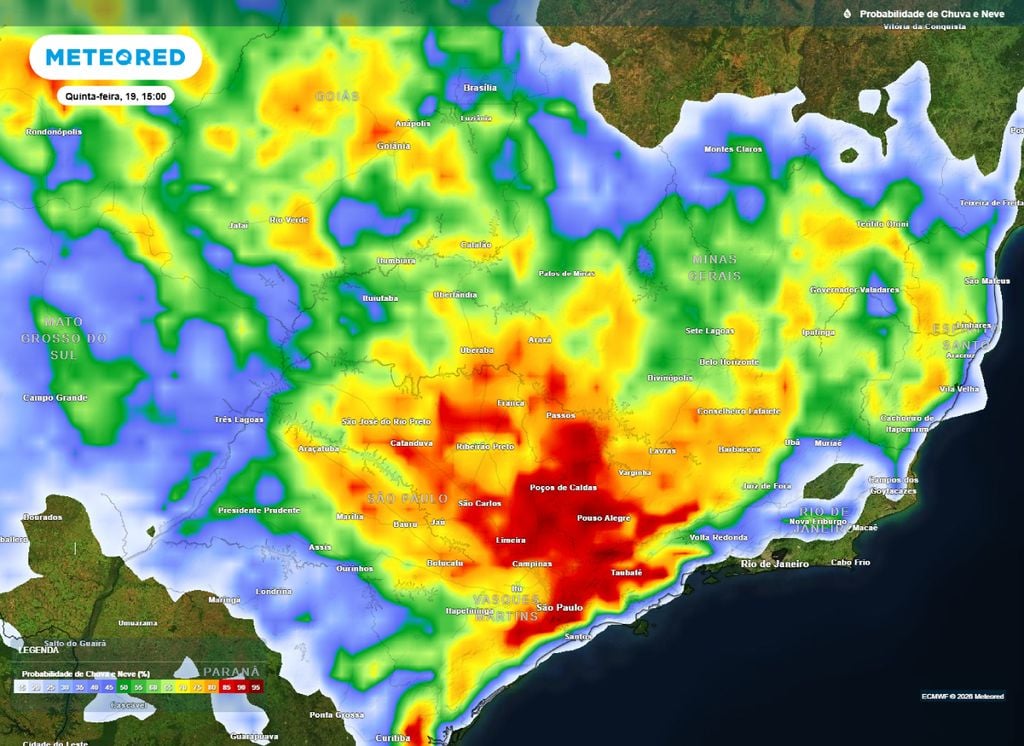 Mapa da previsão de probabilidade de chuva para a tarde desta quinta-feira (19) sobre o Sudeste do Brasil.