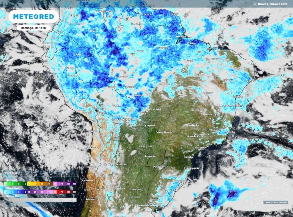Previsão de precipitação (em mm) e nebulosidade para domingo (29) à tarde (15h), segundo o modelo europeu ECMWF.