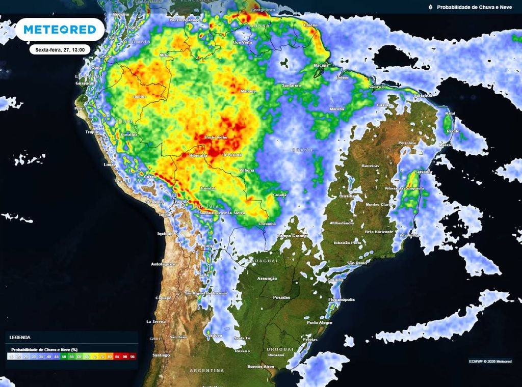 Previsão da probabilidade de precipitação (%) para sexta-feira (27) à tarde (13h), segundo o modelo europeu ECMWF.