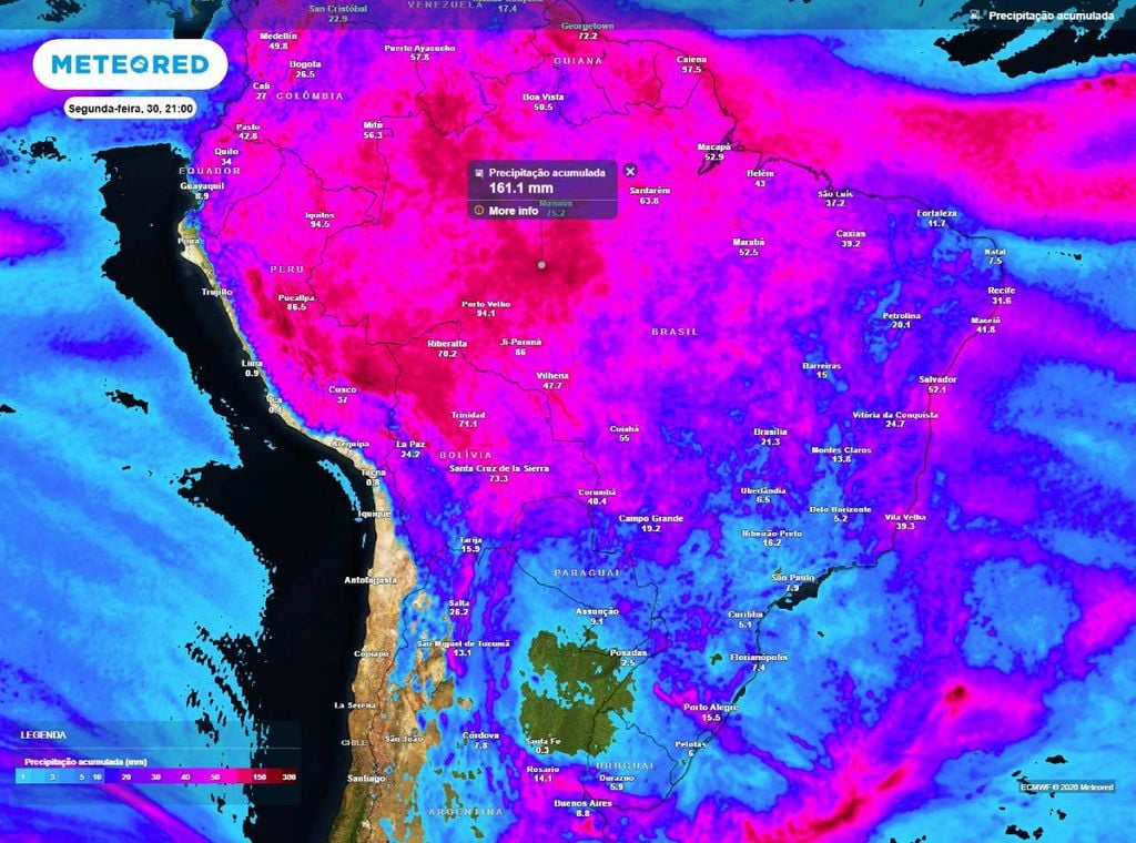 Previsão do acumulado de precipitação (em mm) entre hoje (25) e segunda-feira (30), segundo o modelo europeu ECMWF.