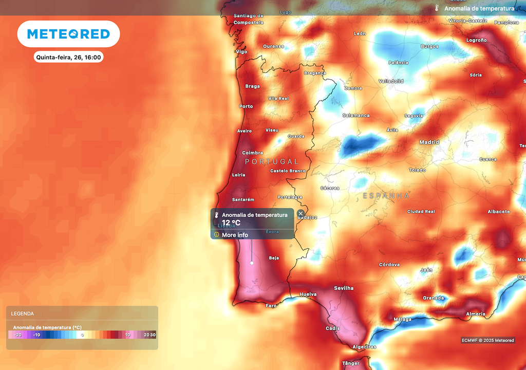 Anomalias térmicas positivas situadas nos 12 ºC nesta quinta-feira Anomalias térmicas positivas situadas nos 12 ºC nesta quinta-feira