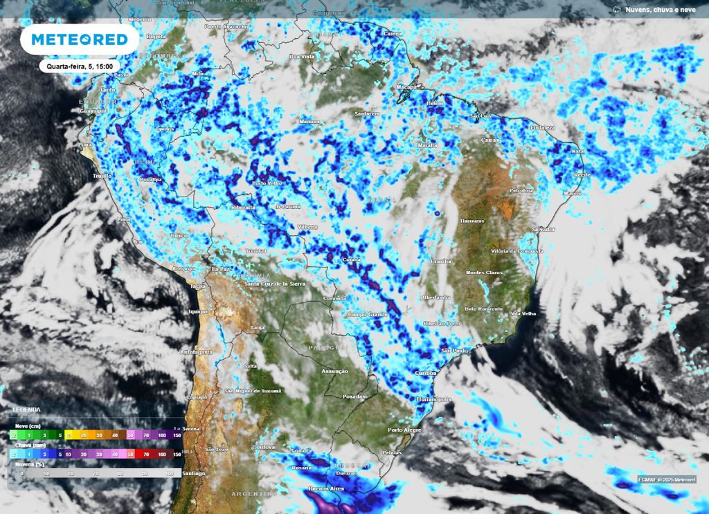 Previsão de nebulosidade e de chuva para a tarde de quarta-feira (05).