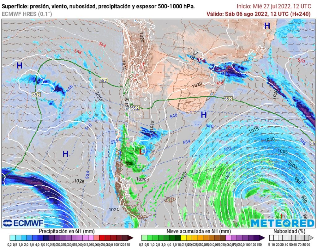 presión y precipitación previstas; modelo ECMWF presión y precipitación previstas; modelo ECMWF