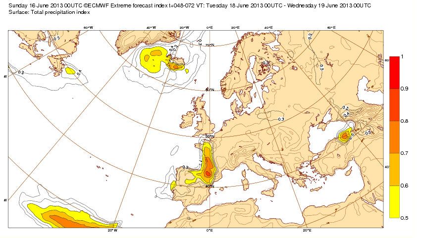 EFI de precipitación según la pasada del 16 a las 00 UTC del modelo EPS del CEPMP para el día 18 de junio de 2013. Fuente: CEPMP