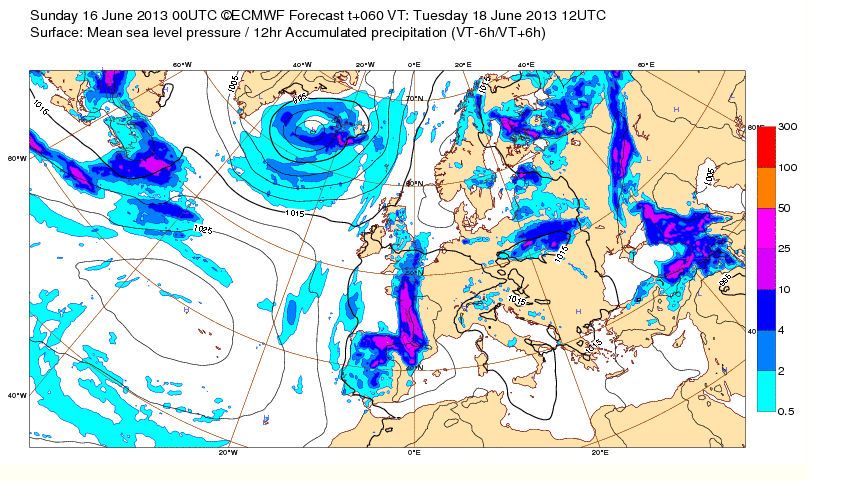 Precipitación prevista y acumulada para el 18 de junio a las 12 horas UTC, entre las 06 y 18 UTC. Fuente: CEPMP