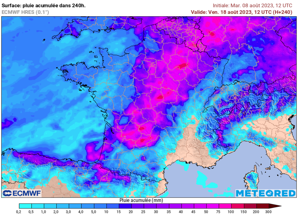 Cette carte du modèle ECMWF montre les potentiels importants cumuls d'ici la fin de semaine prochaine à la suite de passages orageux.