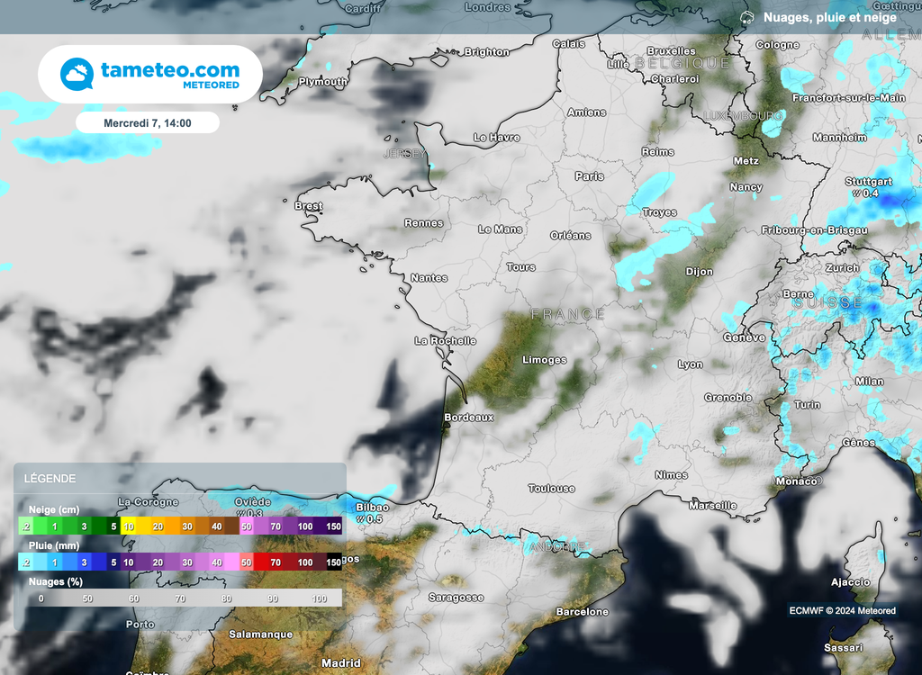 Quelques pluies possibles pour la journée de mercredi, ce au passage d'une faible perturbation. Quelques pluies possibles pour la journée de mercredi, ce au passage d'une faible perturbation.