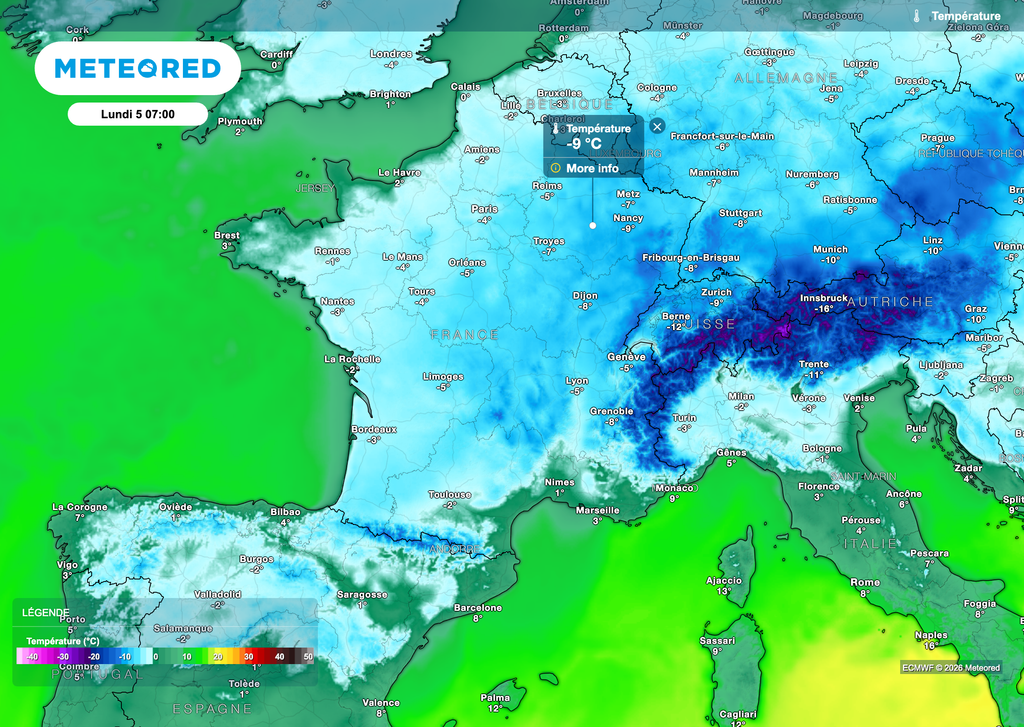 Les -10°C encore possibles sur les plaines enneigées du nord-est.