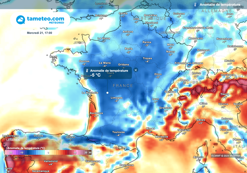 Températures souvent sous les normales de saison mercredi après-midi.