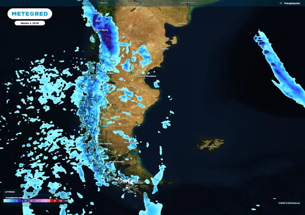El segundo frente frío que llegará a la región producirá lluvias a lo largo de la cordillera y hacia Tierra del Fuego. Las más intensas serán en el la cordillera central de Chubut.