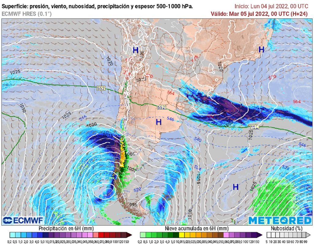 precipitaciones y presión previstas; modelo ECMWF
