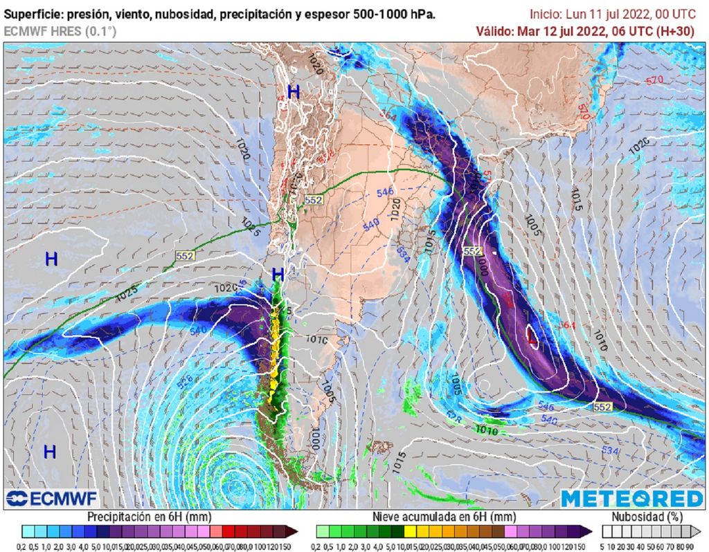 Precipitación y presión previstas; modelo ECMWF Precipitación y presión previstas; modelo ECMWF