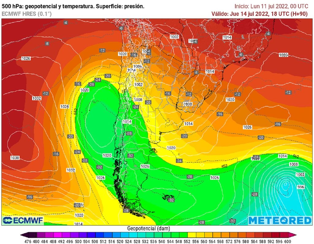 Temperatura y geopotencial previstos en el nivel de 500 hPa; modelo ECMWF Temperatura y geopotencial previstos en el nivel de 500 hPa; modelo ECMWF