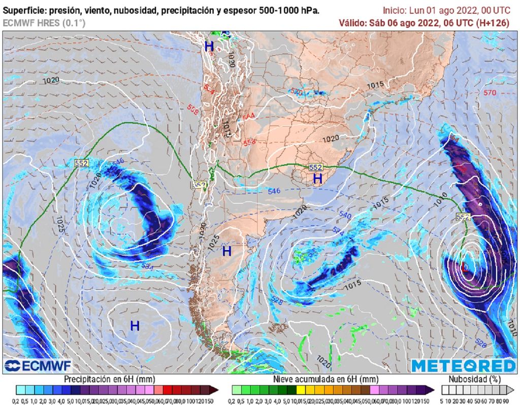 precipitación y presión previstas; modelo ECMWF precipitación y presión previstas; modelo ECMWF