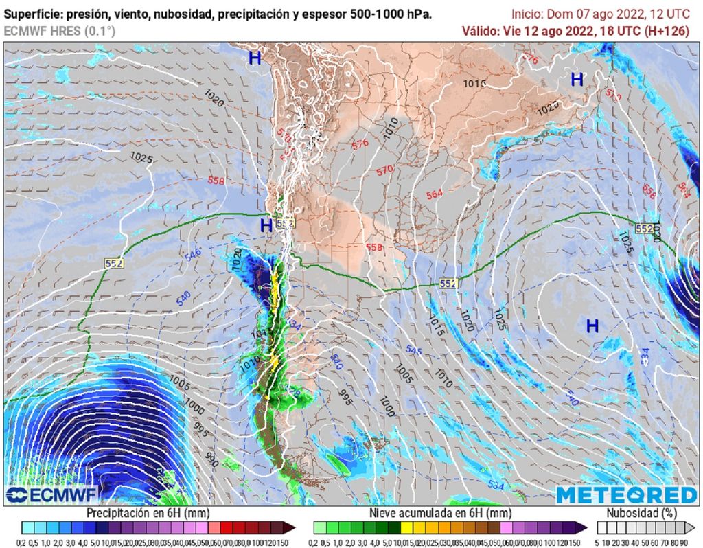 presión y precipitaciones previstas; modelo ECMWF presión y precipitaciones previstas; modelo ECMWF